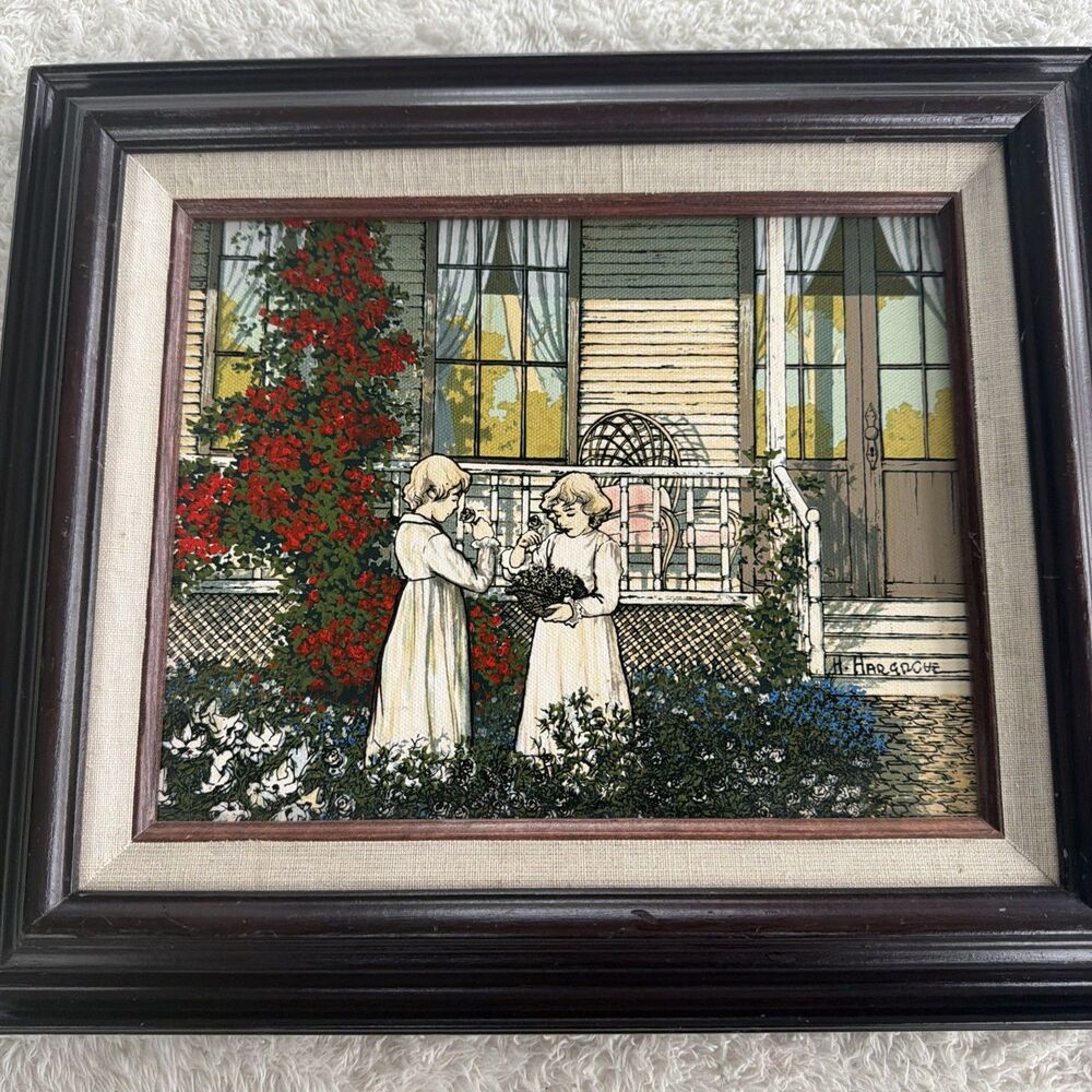 Vintage H. Hargrove Flower Garden Scene Serigraph 12x16 Girls in the Garden